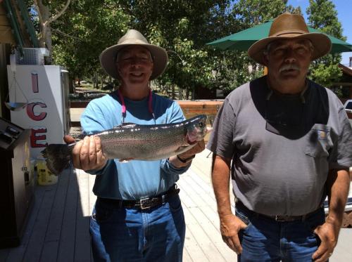 2018-06-08 Kevin Finnerty and Stephen Heckendorf caught 4.5 Lb rainbow on nightcrawler at the back of the lake. They are from Union City, CA
