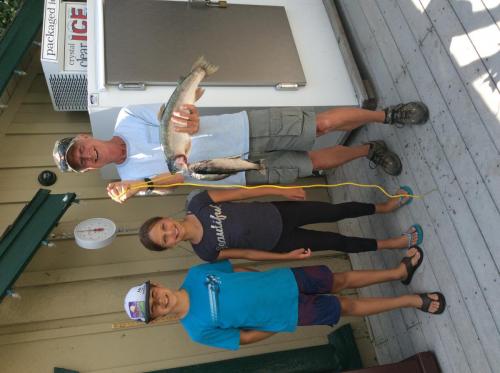 Will Rice Sr. With Will and Mckenna fron Santa Barabara , Ca caught a 4lbs and 21in on green poerbait and was using gulp garlic worms   